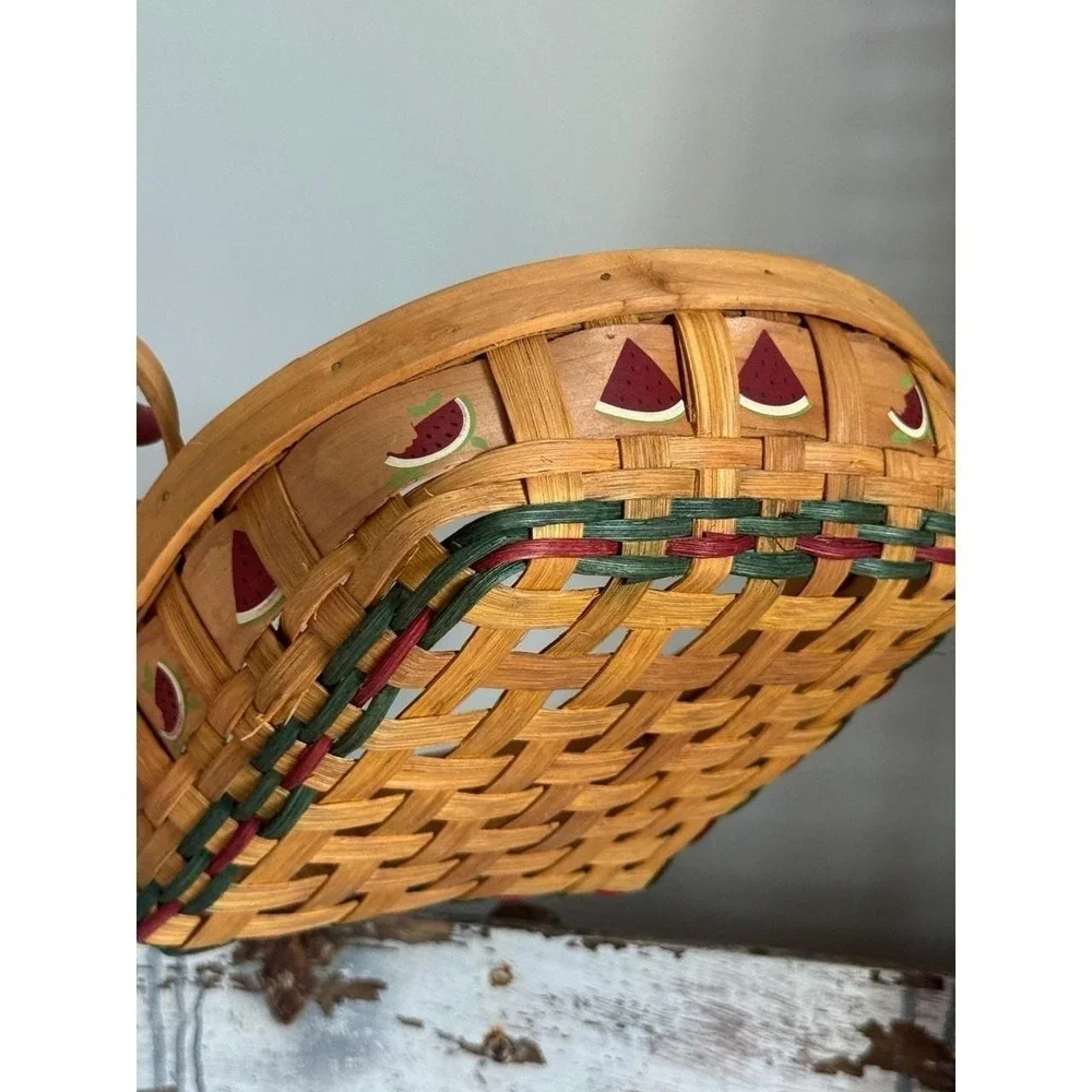 Hand Painted Watermelon Woven Wood Basket Square Farmhouse Decor 11x11